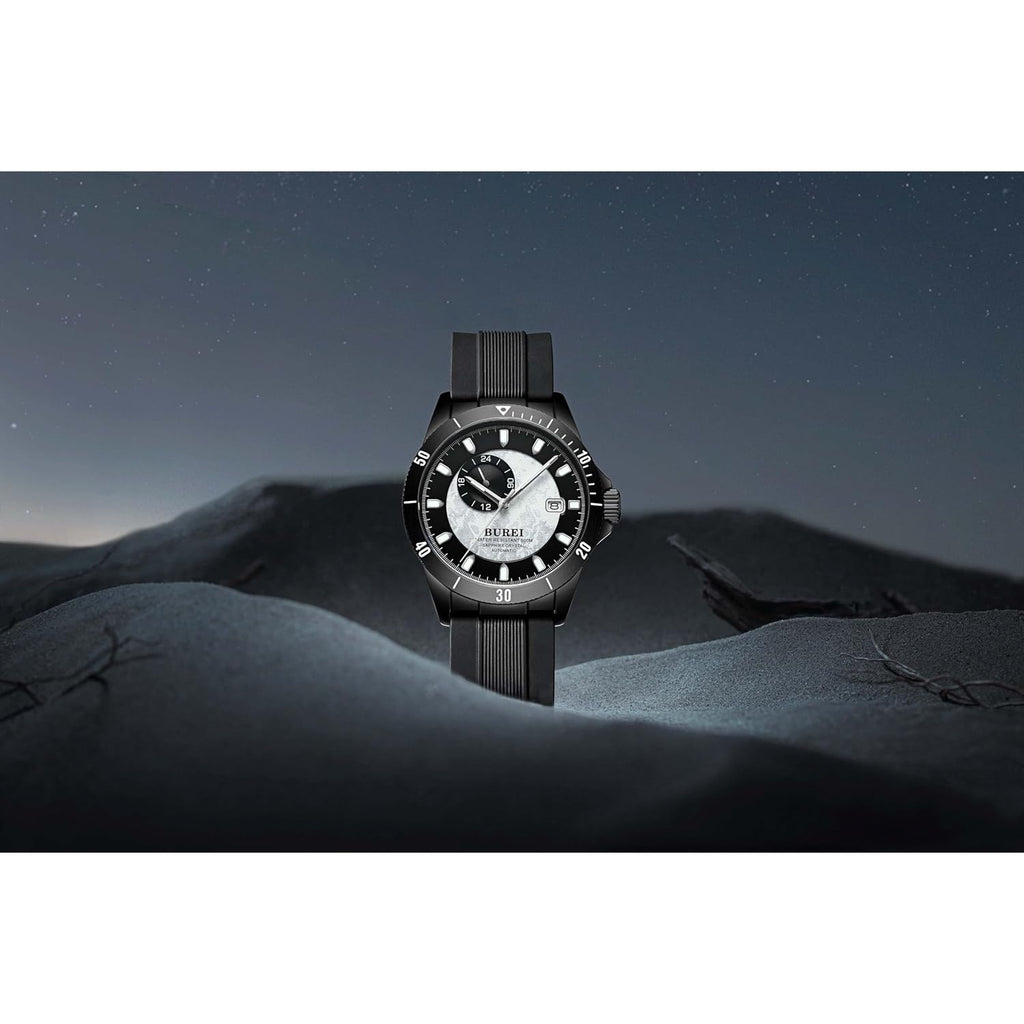 BUREI Men's Diving Watch 500 Meters Waterproof Mechanical Watch Large Dial Fashion Stainless Steel Watch Silicone Strap Luminous Pointer