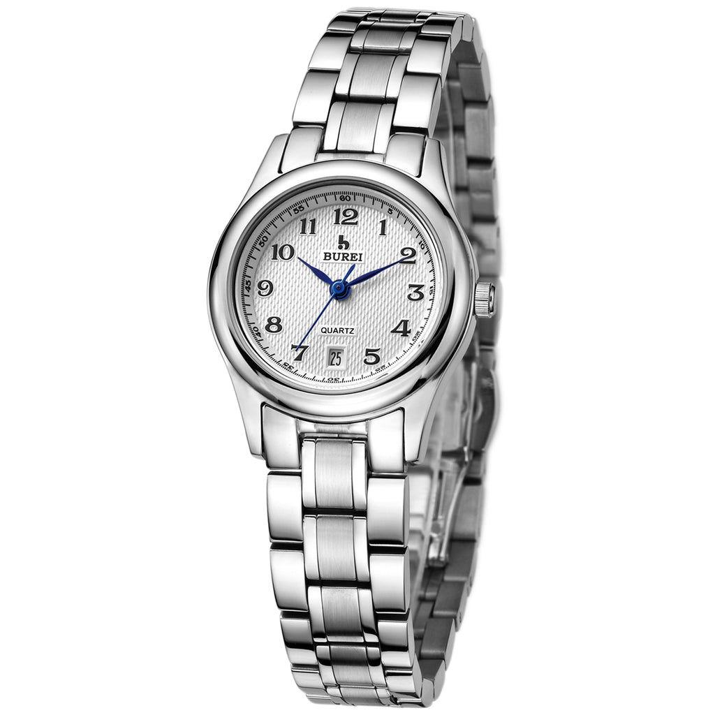 BUREI Men Watches Date Quartz Wrist Watch with Classic Arabic Numbers Analog and Silver Stainless Steel Bracelet