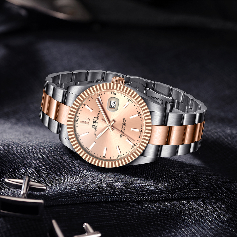 BUREI Men's Watch 41mm, Classic Stainless Steel, Waterproof Machine Watch with Date, Sapphire Crystal, Business Dress Wristwatch