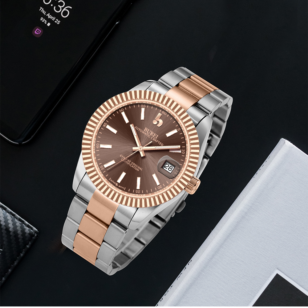BUREI Luxury Automatic Watch 36mm, Fashion Waterproof Mechanical Watch, Adjustable Stainless Steel Two Tone Strap
