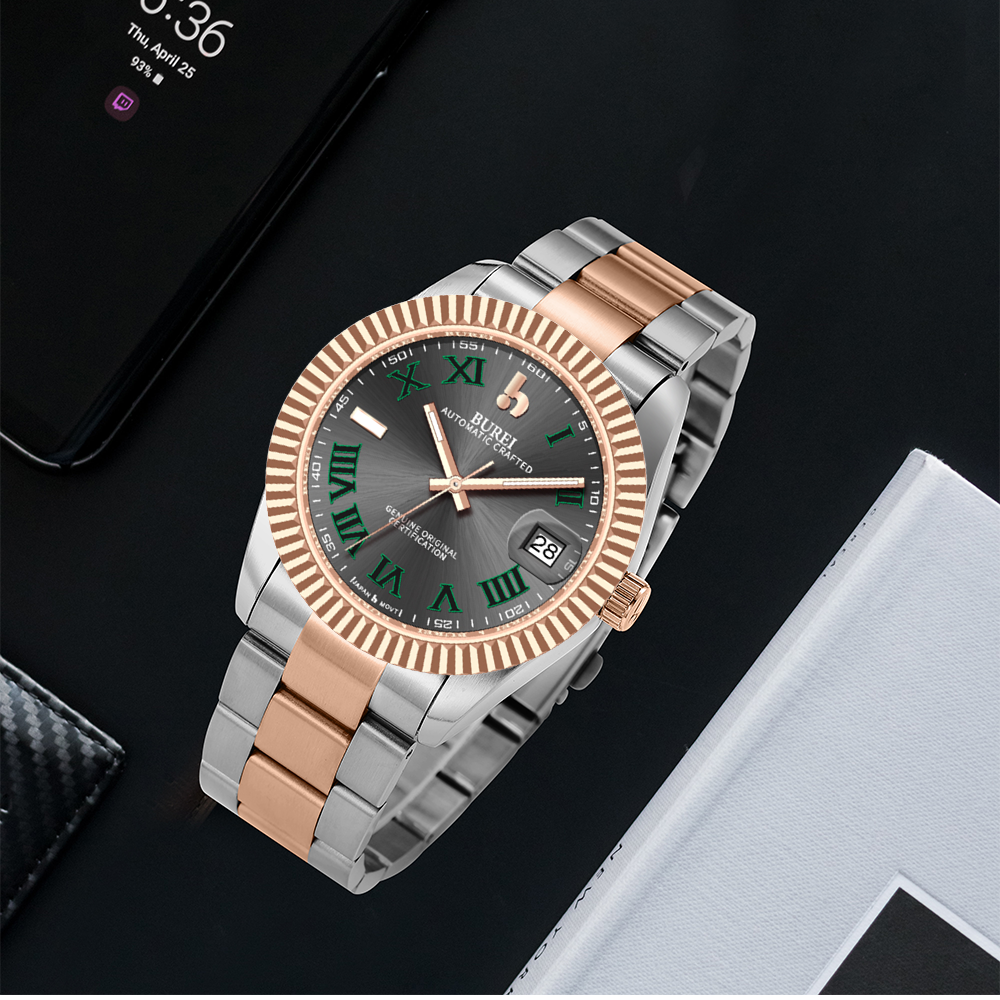 BUREI Luxury Automatic Watch 36mm, Fashion Waterproof Mechanical Watch, Adjustable Stainless Steel Two Tone Strap