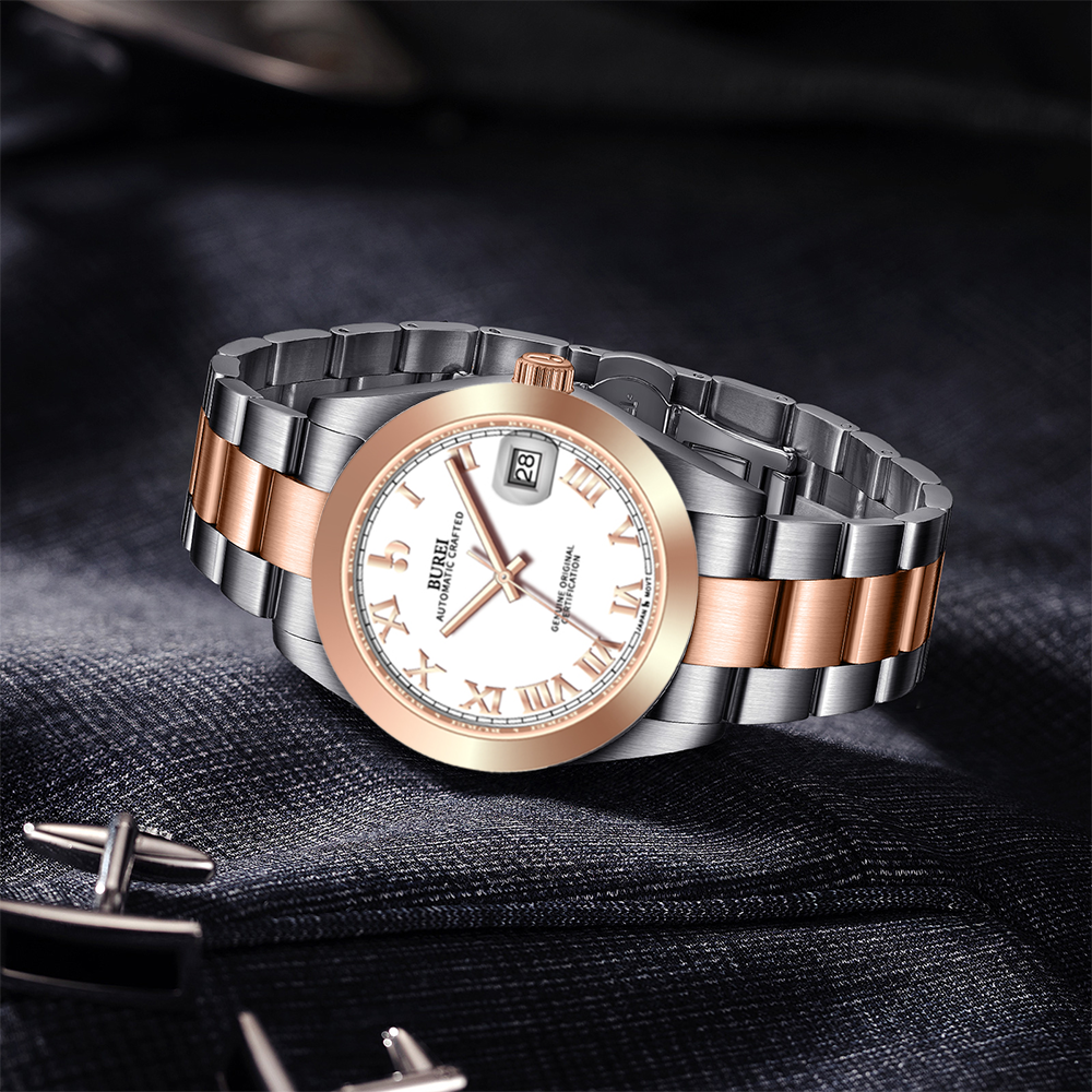 BUREI Luxury Automatic Watch 36mm, Fashion Waterproof Mechanical Watch, Adjustable Stainless Steel Two Tone Strap