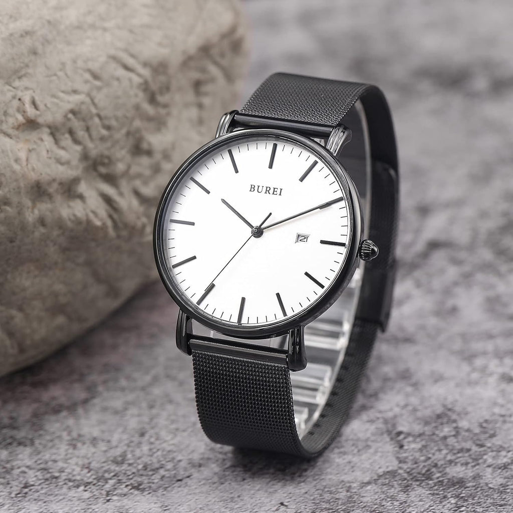 Men's Fashion Minimalist Wrist Watch Analog Blue Date with Silver Stainless Steel Mesh Band