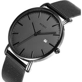 Men's Fashion Minimalist Wrist Watch Analog Blue Date with Silver Stainless Steel Mesh Band