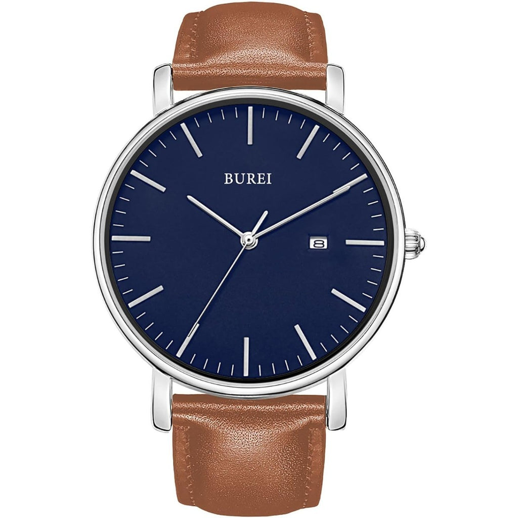 BUREI Men's Fashion Minimalist Wrist Watch Analog White Date with Brown Leather Band