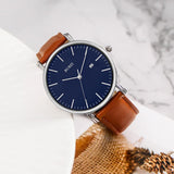 BUREI Men's Fashion Minimalist Wrist Watch Analog White Date with Brown Leather Band