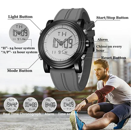 BUREI Mens Analog Digital Sport Watches with Alarm Stopwatch LED Backlight and Rubber Strap