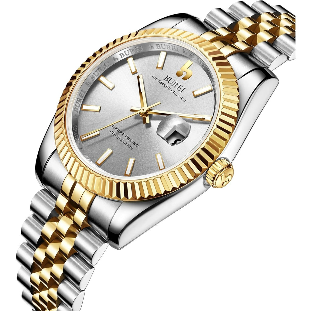 BUREI Men's Automatic Watch Analog Dial with Date Window Sapphire Crystal Stainless Steel Band and Case