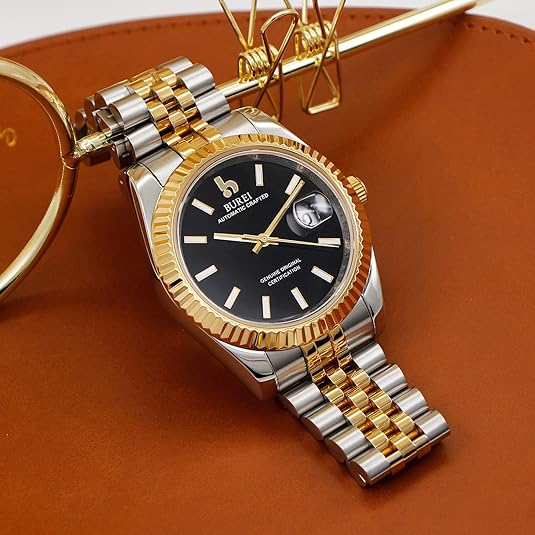 BUREI Mens Luxury Automatic Watches Blue Dial Analog Date Window Display Sapphire Crystal Lens with Stainless Steel Band
