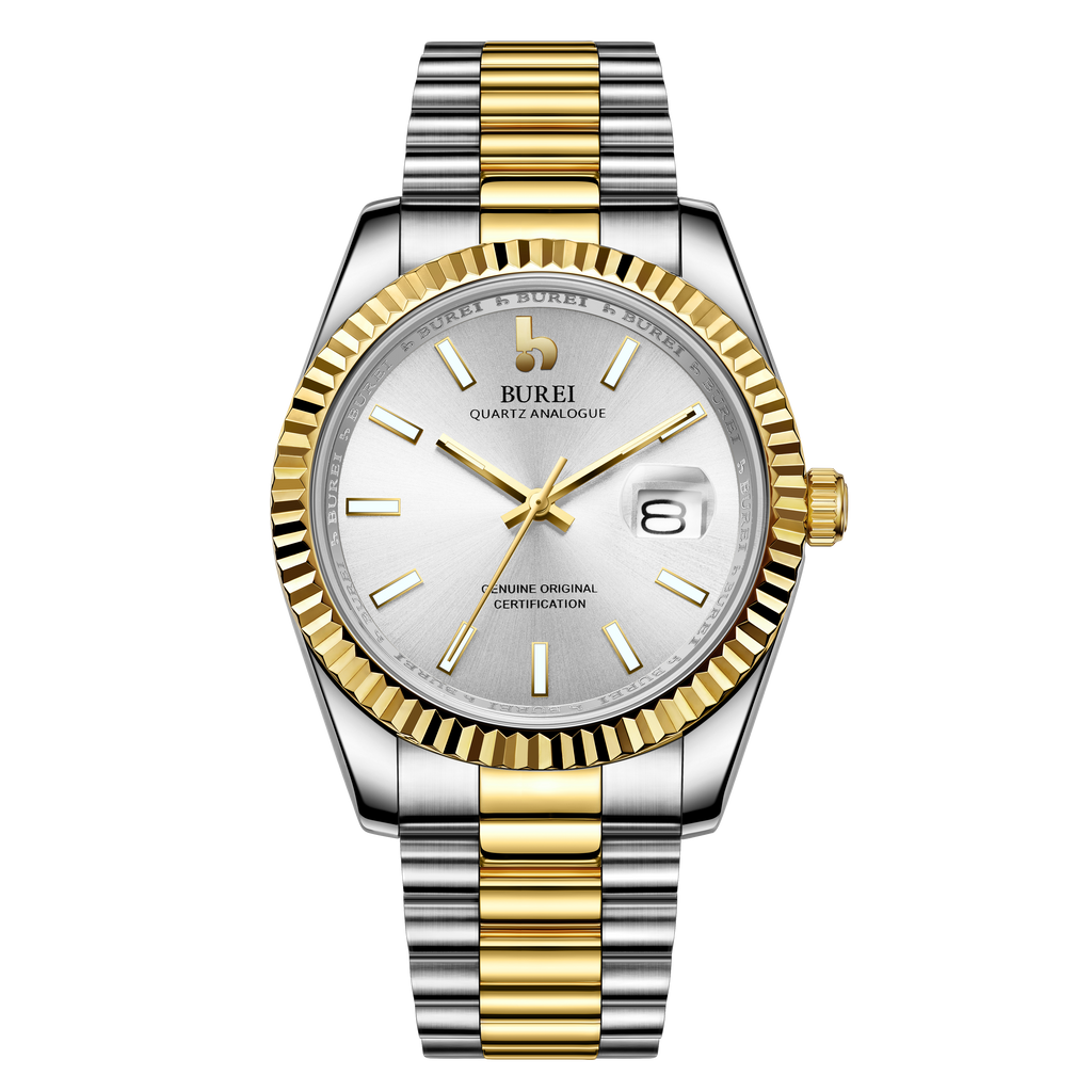 BUREI Mens Luxury Analog Quartz Watches Black Dial Date Display Sapphire Crystal Lens with Two Tones Stainless Steel Band