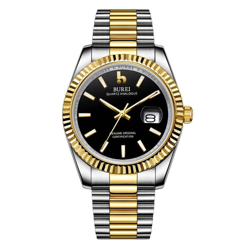 BUREI Mens Luxury Analog Quartz Watches Black Dial Date Display Sapphire Crystal Lens with Two Tones Stainless Steel Band