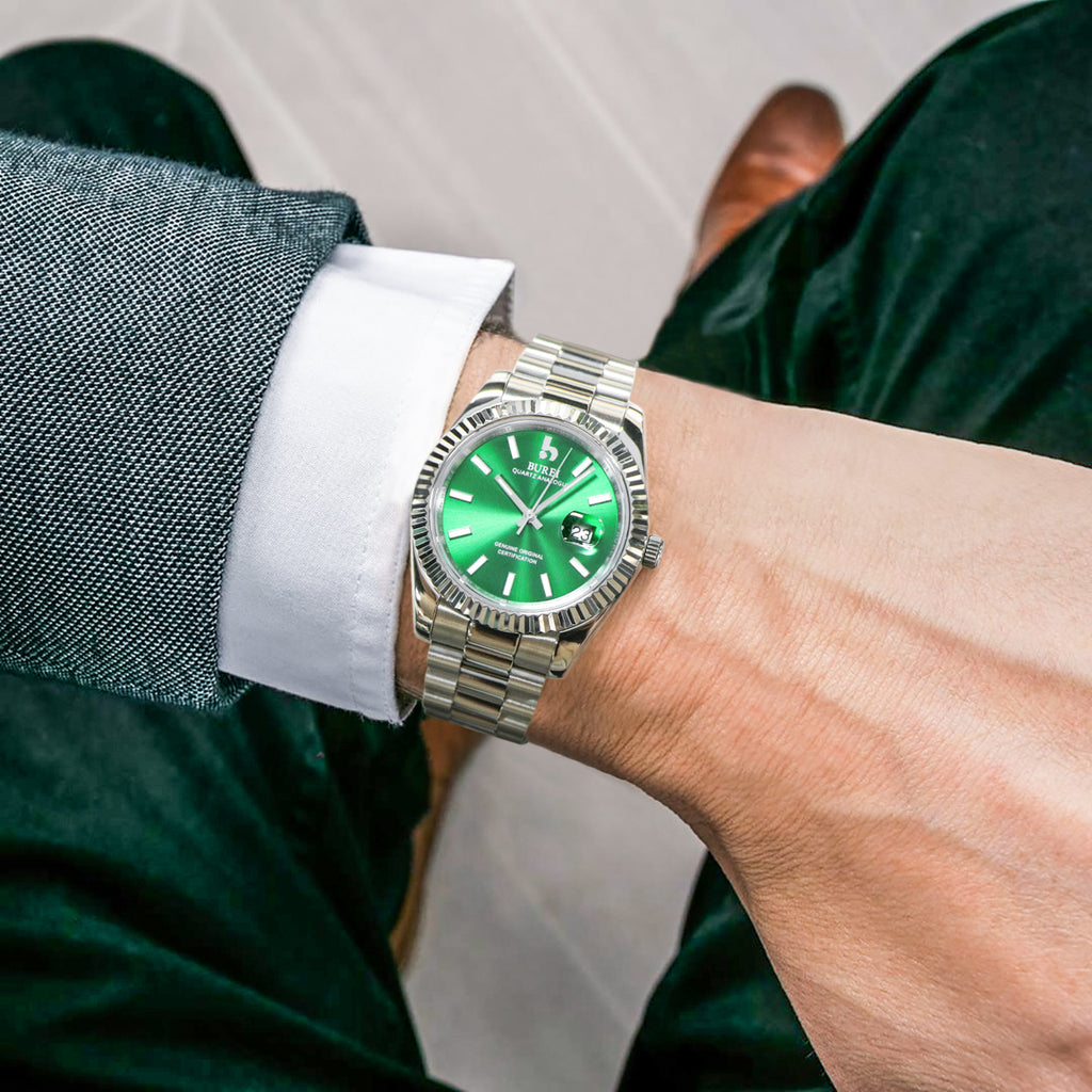 BUREI Mens Luxury Analog Quartz Watches Black Dial Date Display Sapphire Crystal Lens with Two Tones Stainless Steel Band