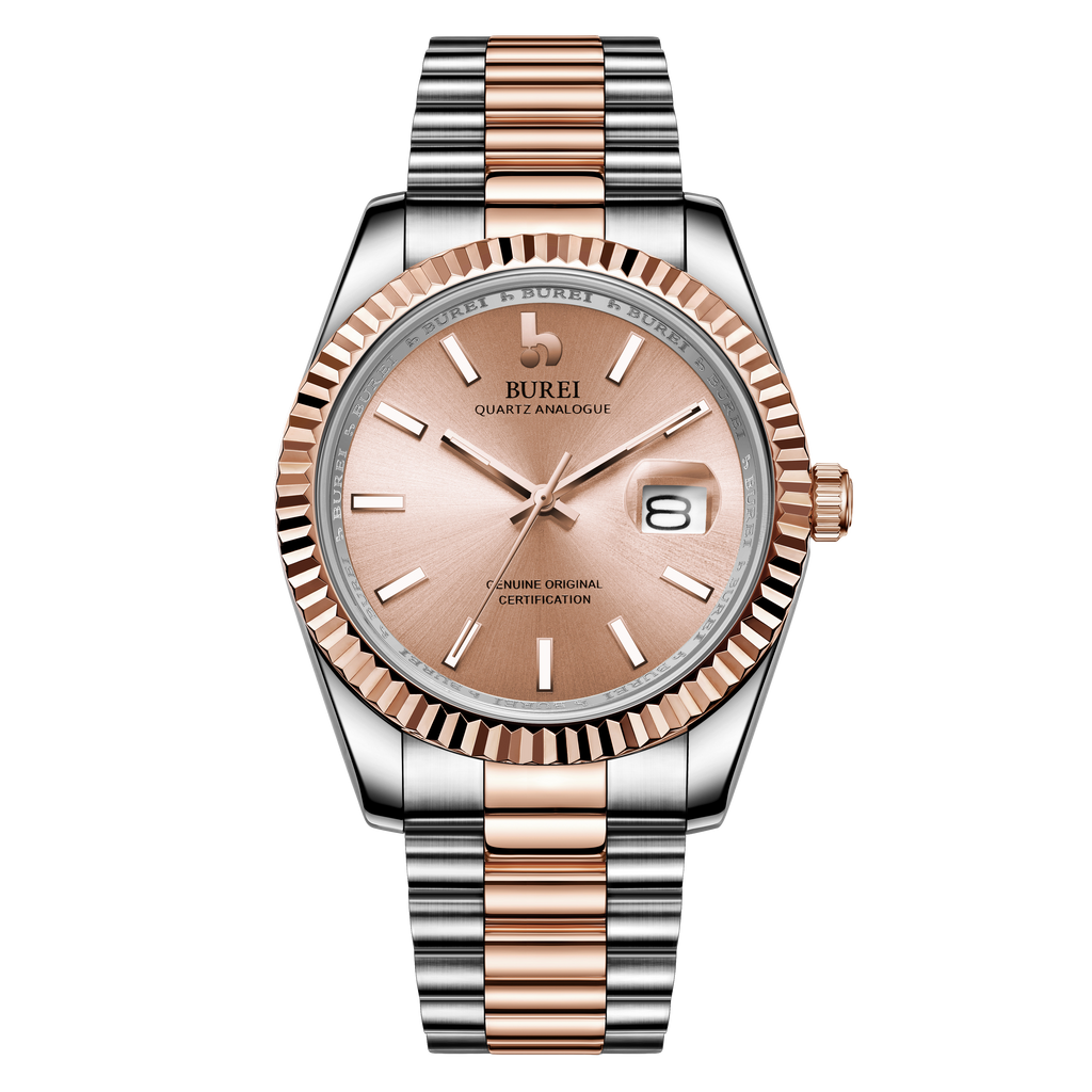 BUREI Mens Luxury Analog Quartz Watches Black Dial Date Display Sapphire Crystal Lens with Two Tones Stainless Steel Band