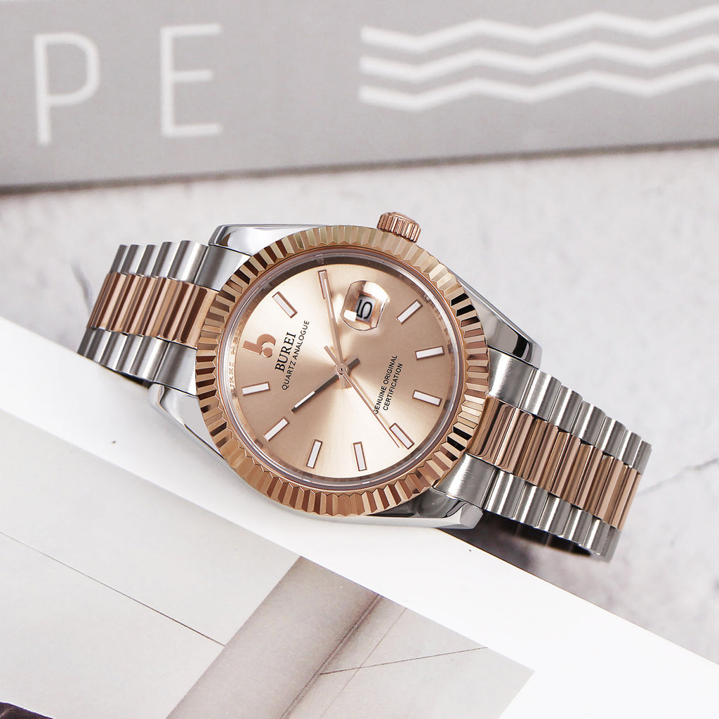 BUREI Mens Luxury Analog Quartz Watches Black Dial Date Display Sapphire Crystal Lens with Two Tones Stainless Steel Band