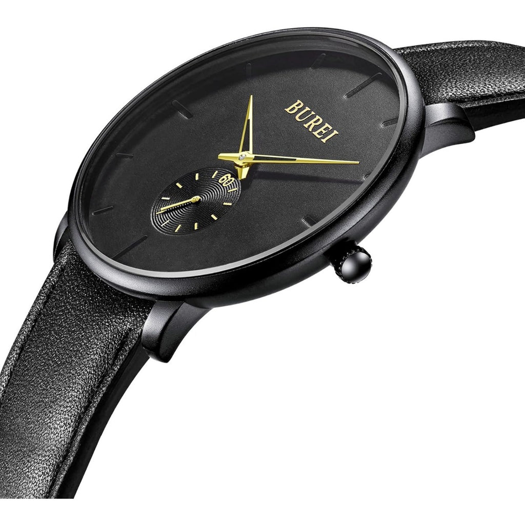 BUREI Men's Quartz Watch Black Minimalist Analog Ultra Thin Waist Watch Simple Style Stainless Steel Mesh Band