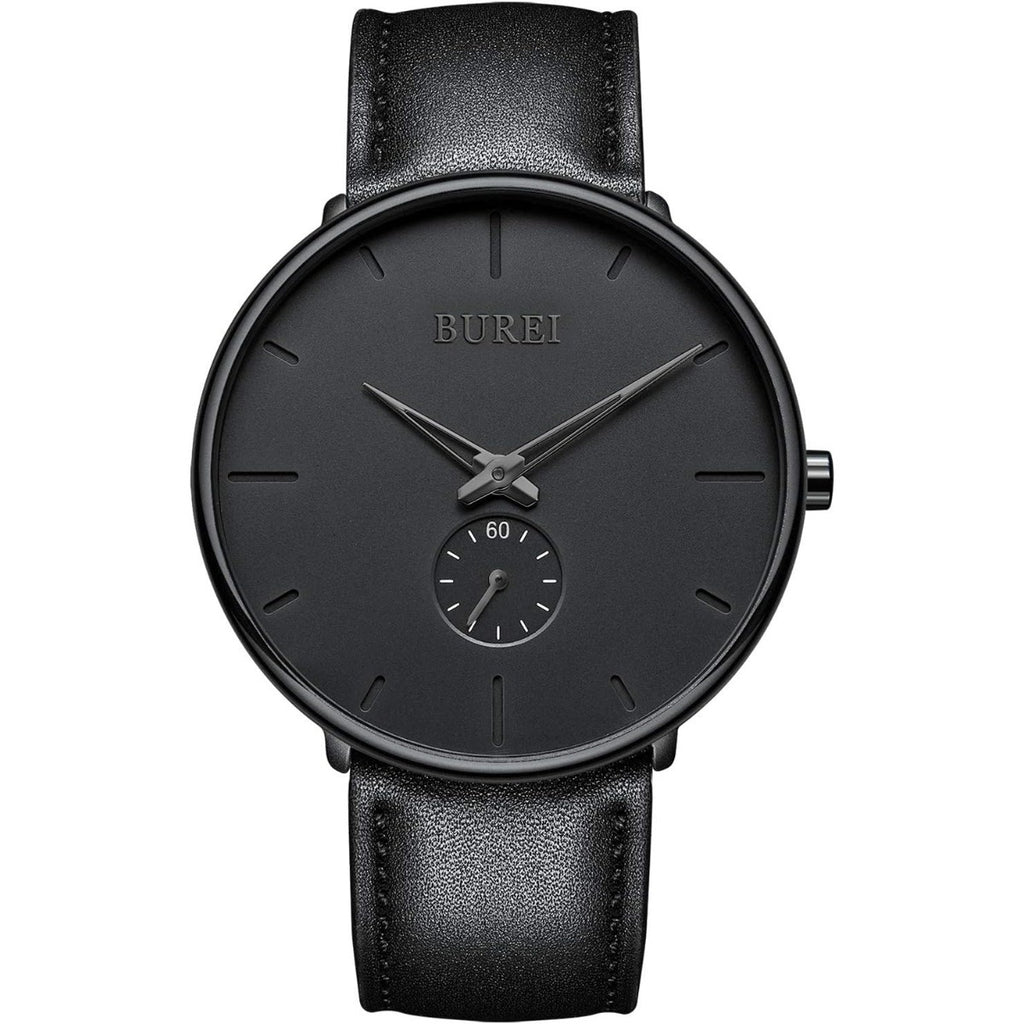 BUREI Men's Quartz Watch Black Minimalist Analog Ultra Thin Waist Watch Simple Style Stainless Steel Mesh Band