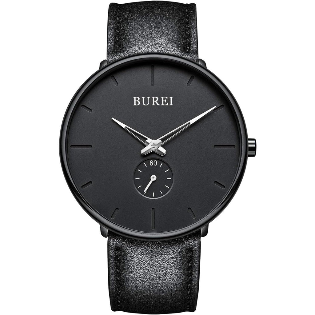 BUREI Men's Quartz Watch Black Minimalist Analog Ultra Thin Waist Watch Simple Style Stainless Steel Mesh Band
