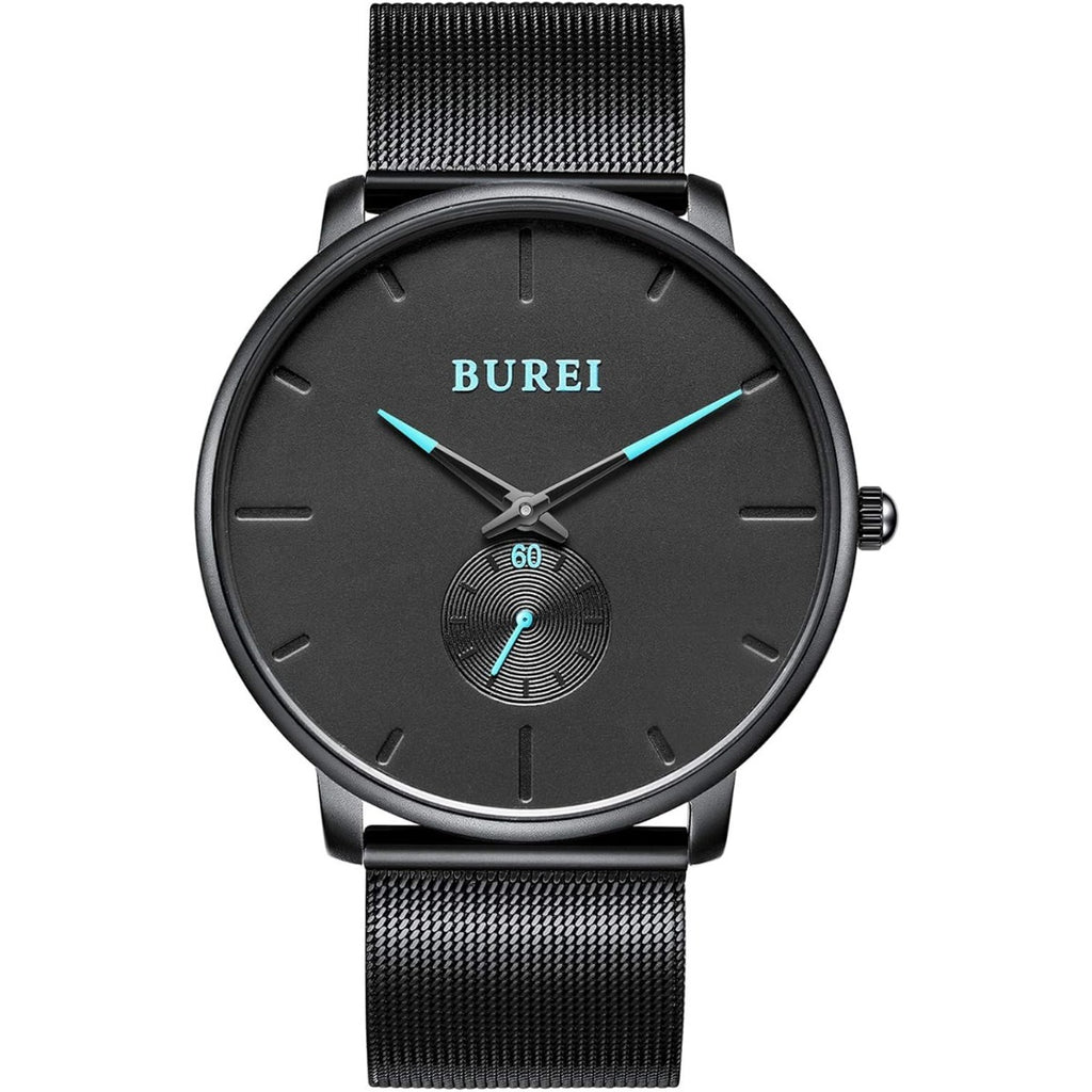 BUREI Men's Fashion Minimalist Wrist Quartz Watches with Stainless Steel Black Dial and Mesh Band