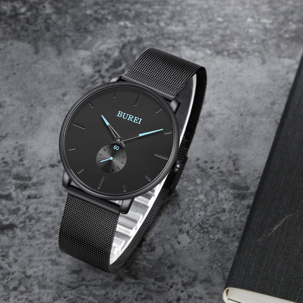 BUREI Men's Fashion Minimalist Wrist Quartz Watches with Stainless Steel Black Dial and Mesh Band