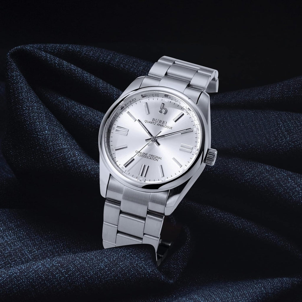 BUREI Men's Stainless Steel Fashion Watch Japan Movement Quartz Wristwatches for Men 41mm Luxury Round Watch