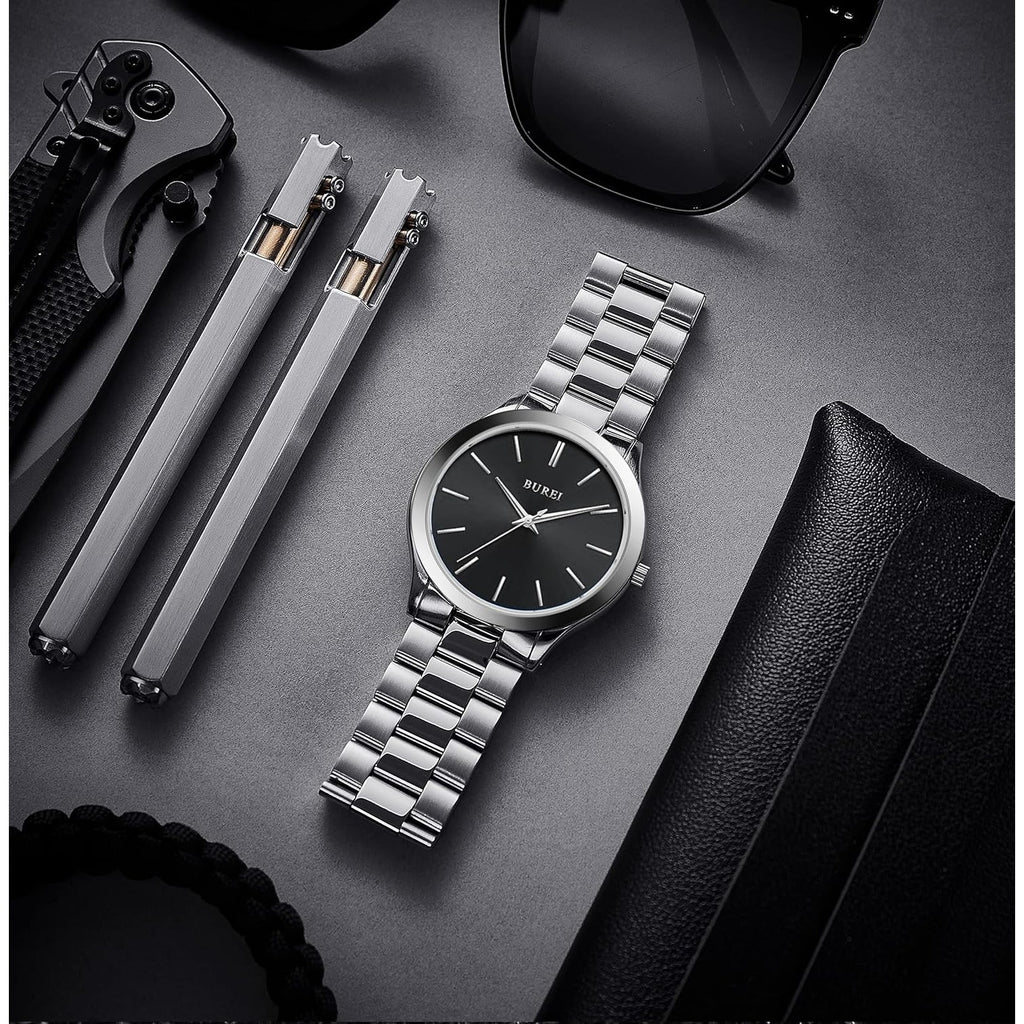 BUREI men's stainless steel fashion business watch japanese movement quartz watch men's 41mm luxury round watch