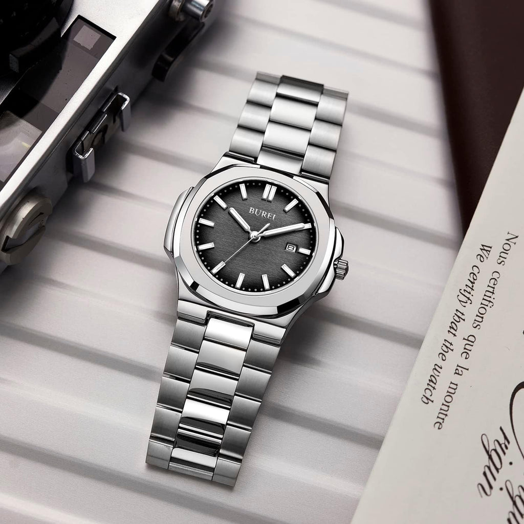 BUREI Men's Watch Business Quartz Men's Luxury Watch Stainless Steel Waterproof Watch Fashion Casual Watches for Men