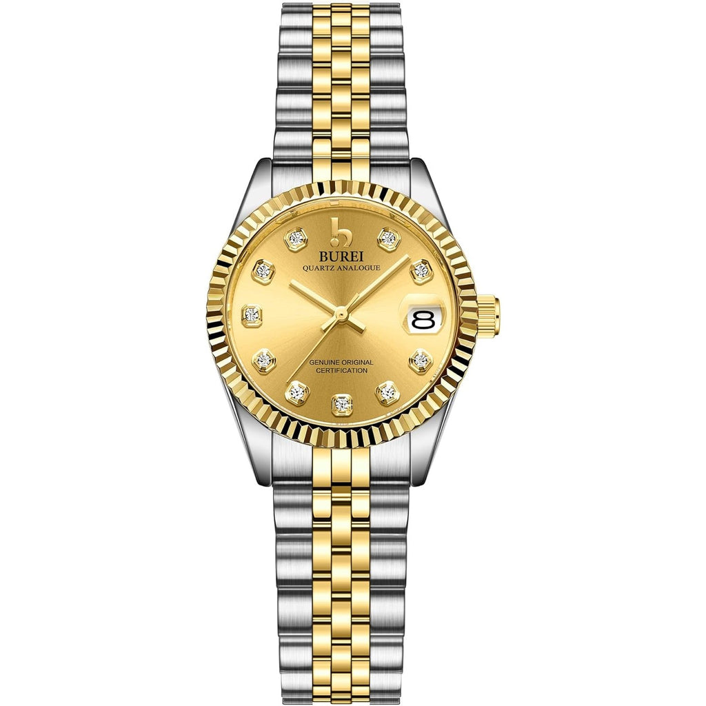 BUREI Women Watch Business Women Watches with Day DateAnalog Quartz Watch for Ladies Silver Gold Stainless Steel Bracelet Watch Fashion Ladies Watches Small Face Diamond Watch Waterproof