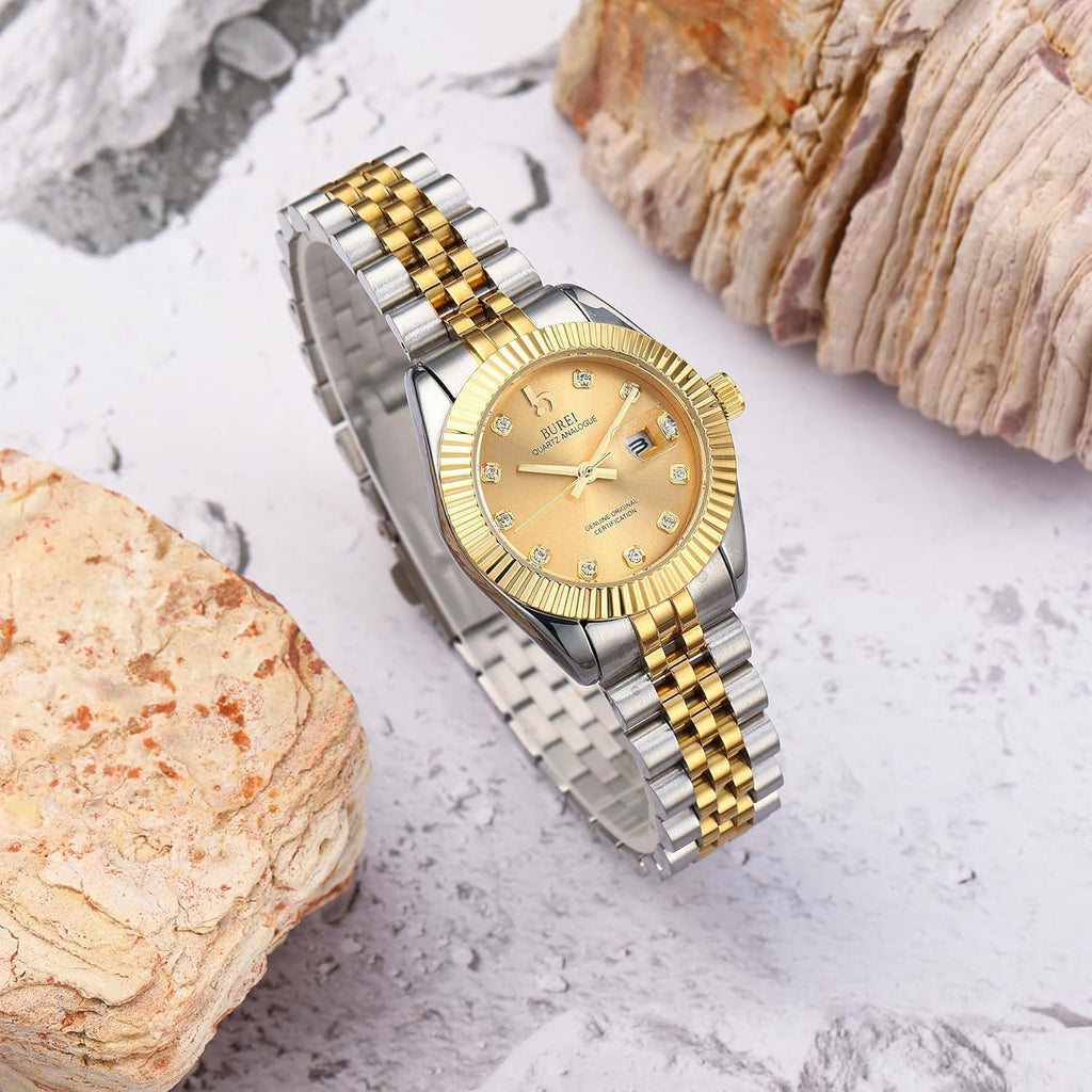 BUREI Women Watch Business Women Watches with Day DateAnalog Quartz Watch for Ladies Silver Gold Stainless Steel Bracelet Watch Fashion Ladies Watches Small Face Diamond Watch Waterproof