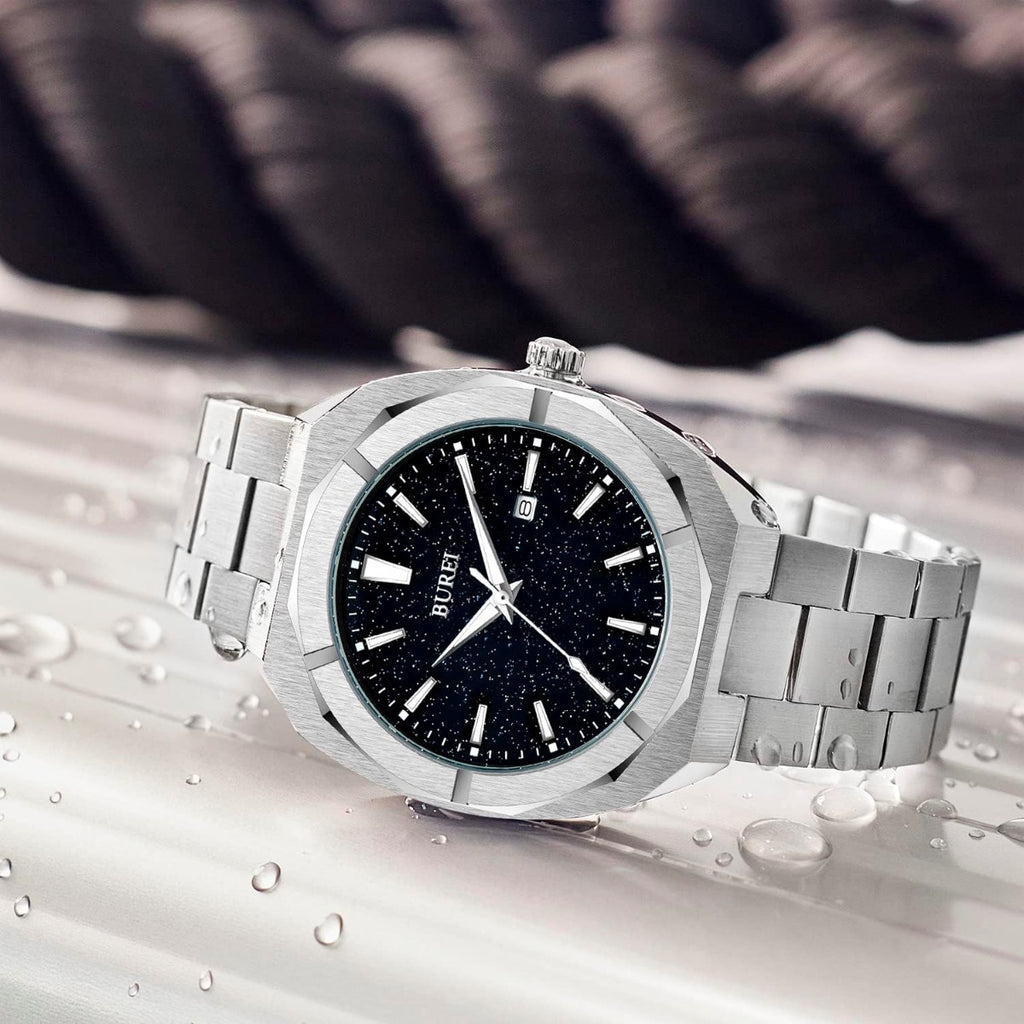 BUREI Fashion Quartz Watch for Men Watch Analog Date Watch with Stainless Steel Band Waterproof Classic Watches for Men