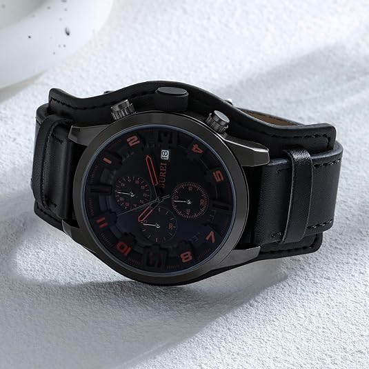 BUREI Men's Black Leather Multifunction Chronograph Fashion Waterproof Business Casual Analog Quartz Watch