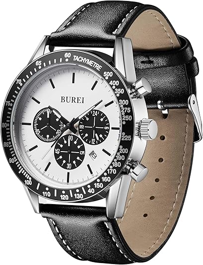 BUREI Men's Black Leather Multifunction Chronograph Fashion Waterproof Business Casual Analog Quartz Watch