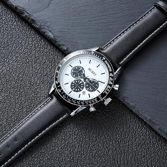 BUREI Men's Black Leather Multifunction Chronograph Fashion Waterproof Business Casual Analog Quartz Watch