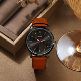 BUREI Mens Fashion Watches Dress Minimalist Wrist Watches for Men Brown Leather Analog Watch Display with Slim Case Design relojes para Hombres