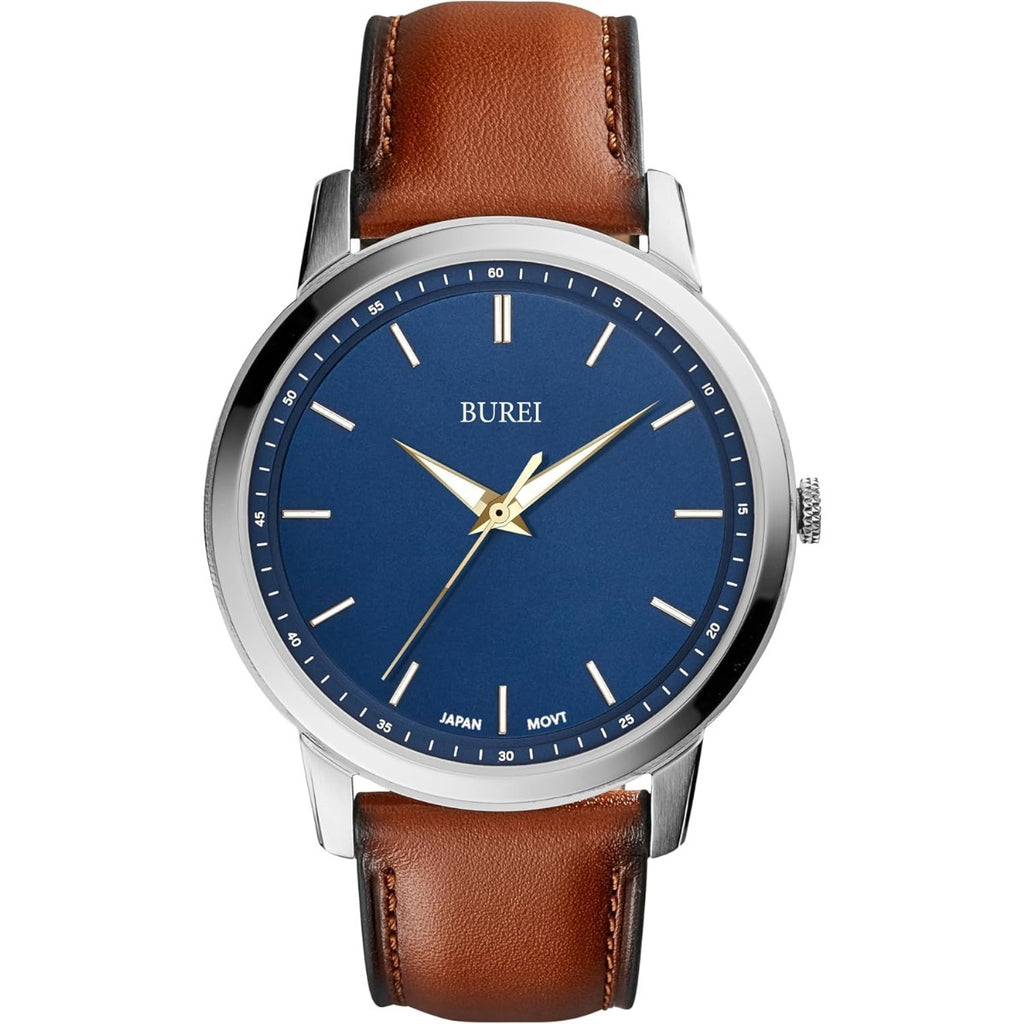 BUREI Mens Fashion Watches Dress Minimalist Wrist Watches for Men Brown Leather Analog Watch Display with Slim Case Design relojes para Hombres