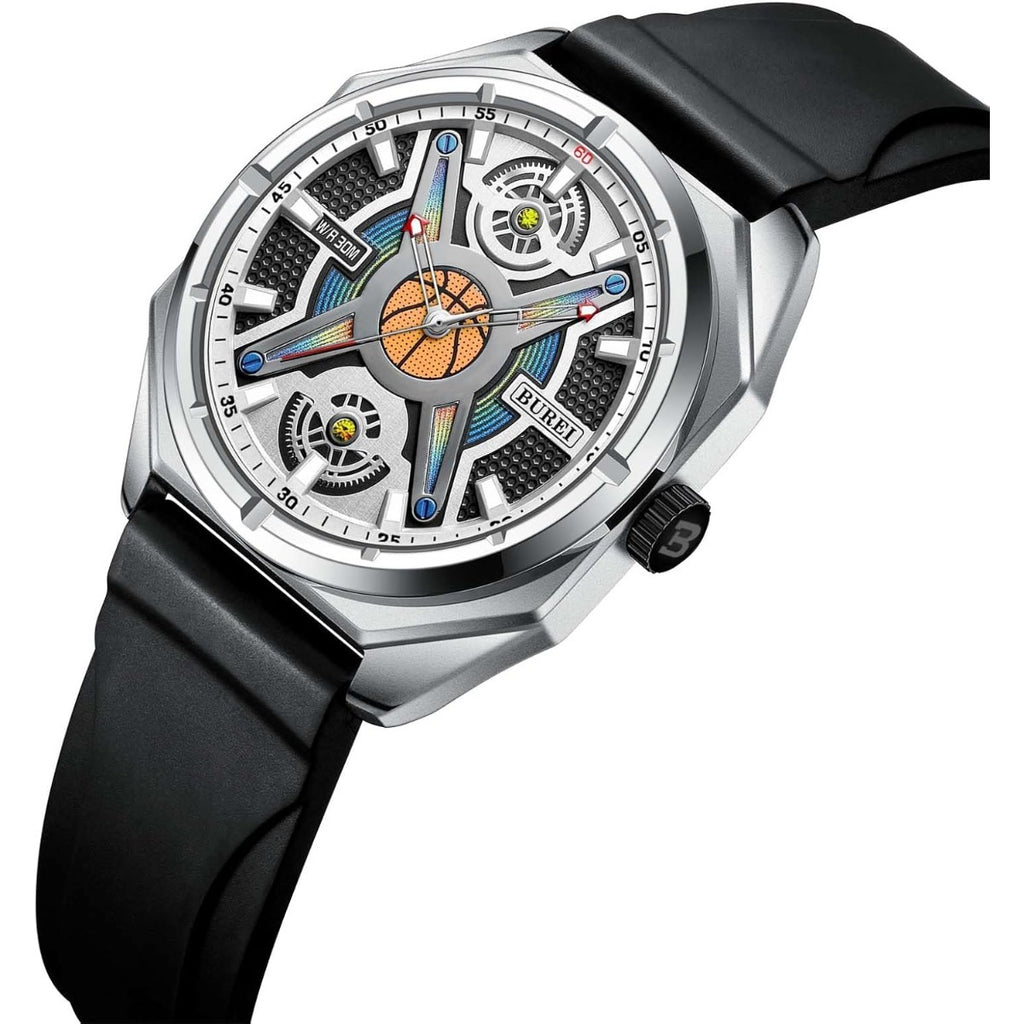 BUREI Men Wrist Watches Fashion Analog Waterproof Rubber Strap Watches for Men