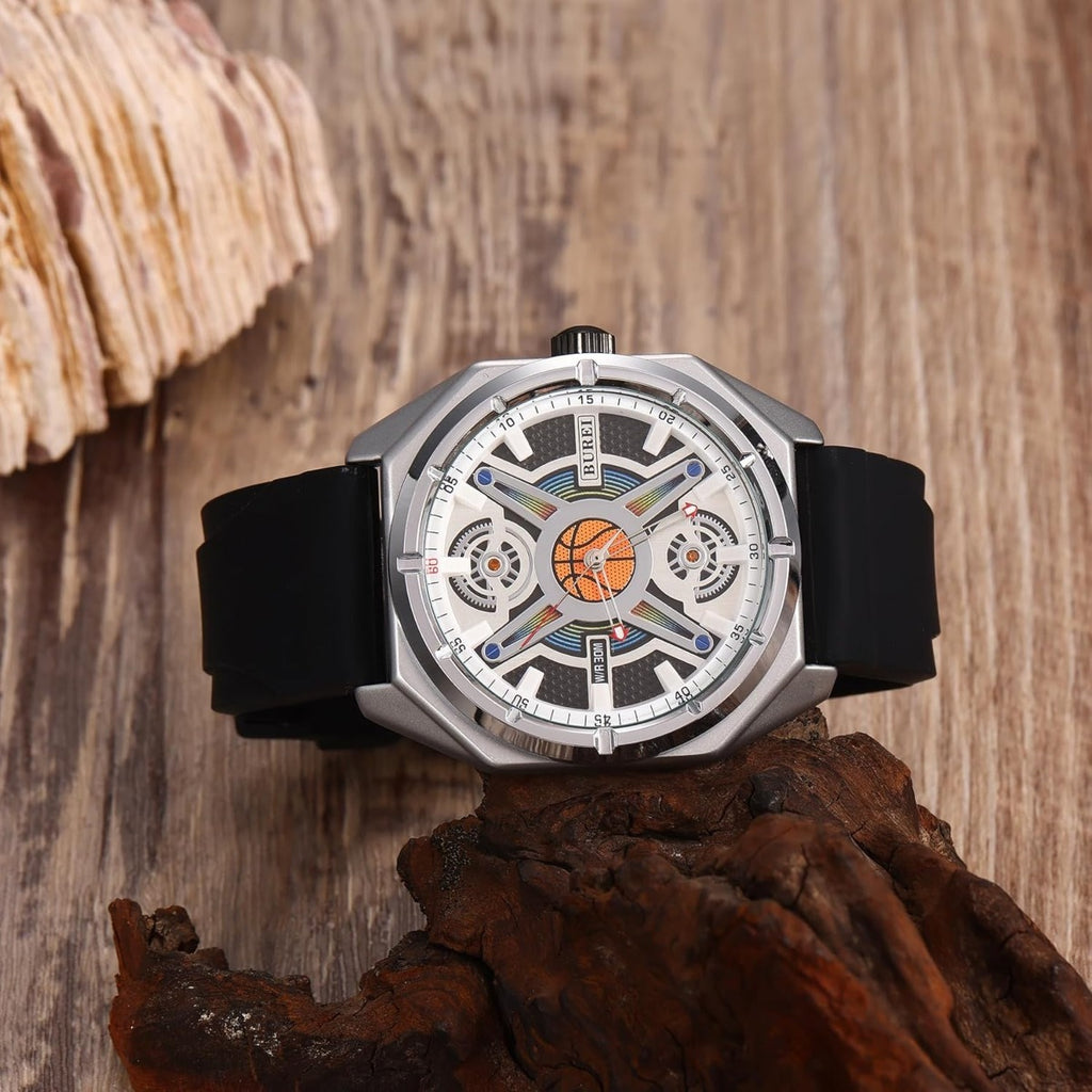 BUREI Men Wrist Watches Fashion Analog Waterproof Rubber Strap Watches for Men