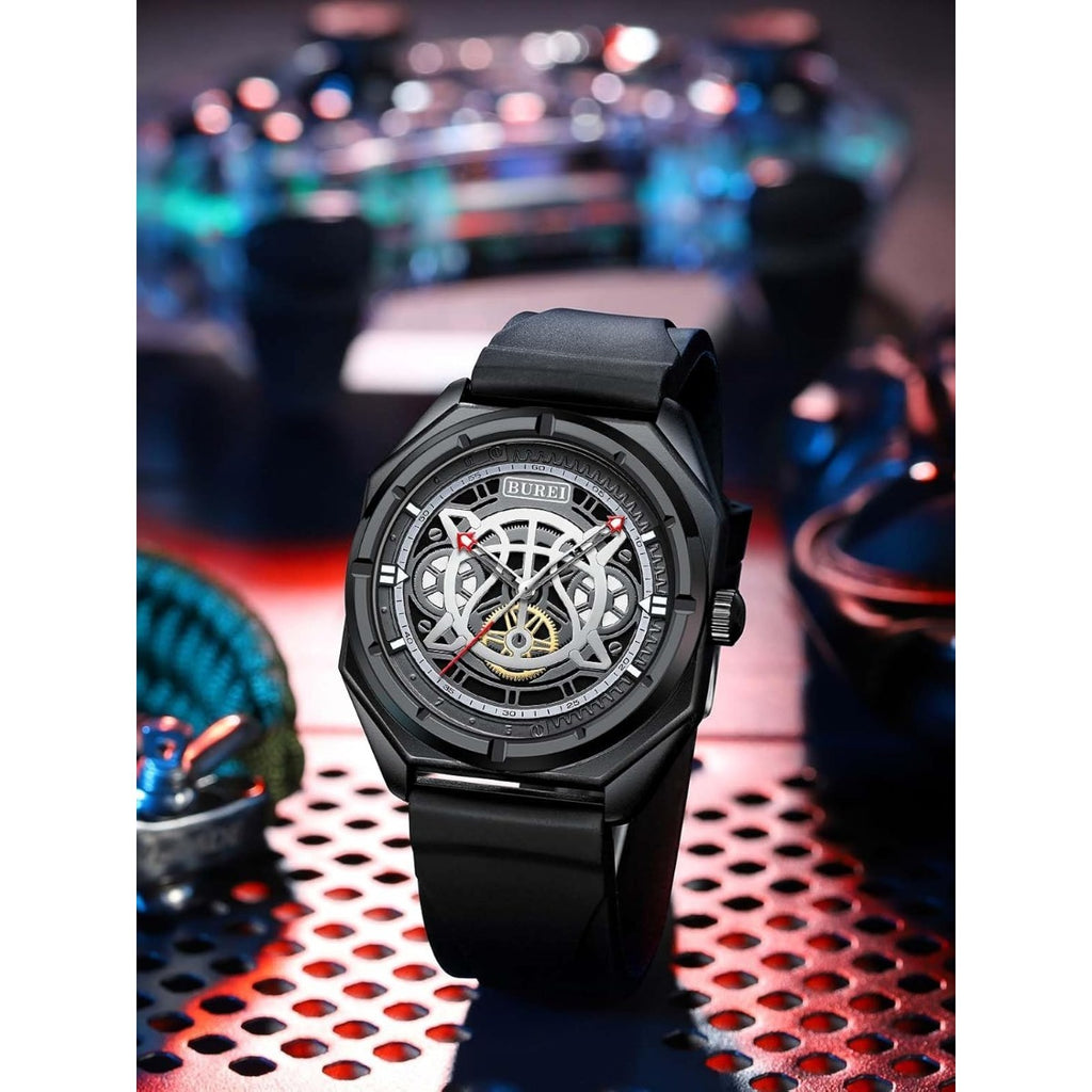BUREI Men Wrist Watches Fashion Analog Waterproof Rubber Strap Watches for Men