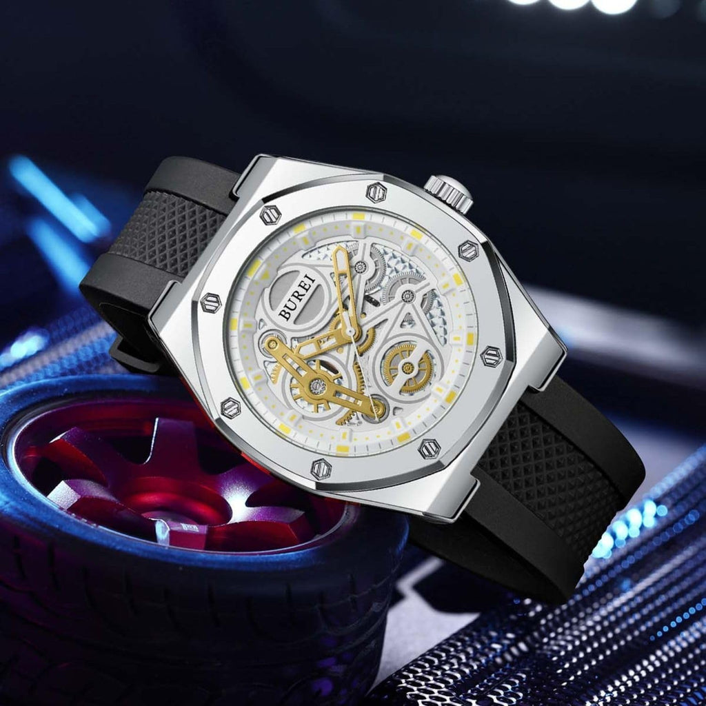 BUREI Mens Watches Fashion Geometric Design Quartz Watch for Men Silicone Waterproof Sport Casual Classical Fashion Wrist Watches Gift for Men