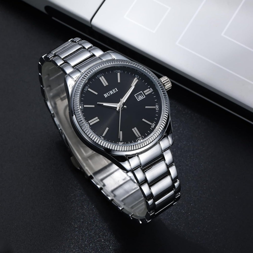 BUREI Men Watches Fashion Business Watch Silver Analog Stainless Steel Quartz Waterproof Watches for Men,Gifts for Men