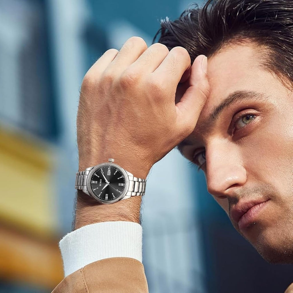 BUREI Men Watches Fashion Business Watch Silver Analog Stainless Steel Quartz Waterproof Watches for Men,Gifts for Men