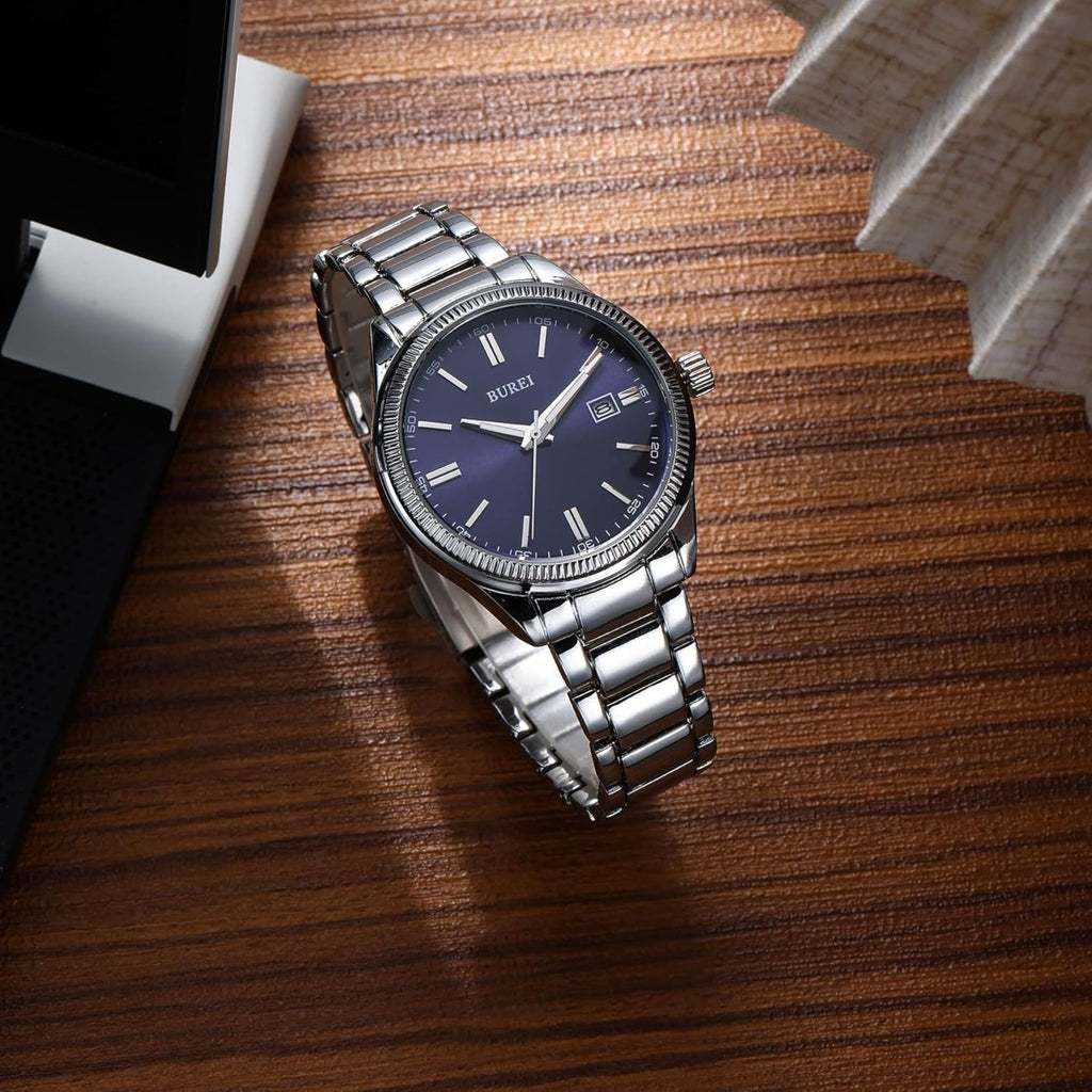 BUREI Men Watches Fashion Business Watch Silver Analog Stainless Steel Quartz Waterproof Watches for Men,Gifts for Men