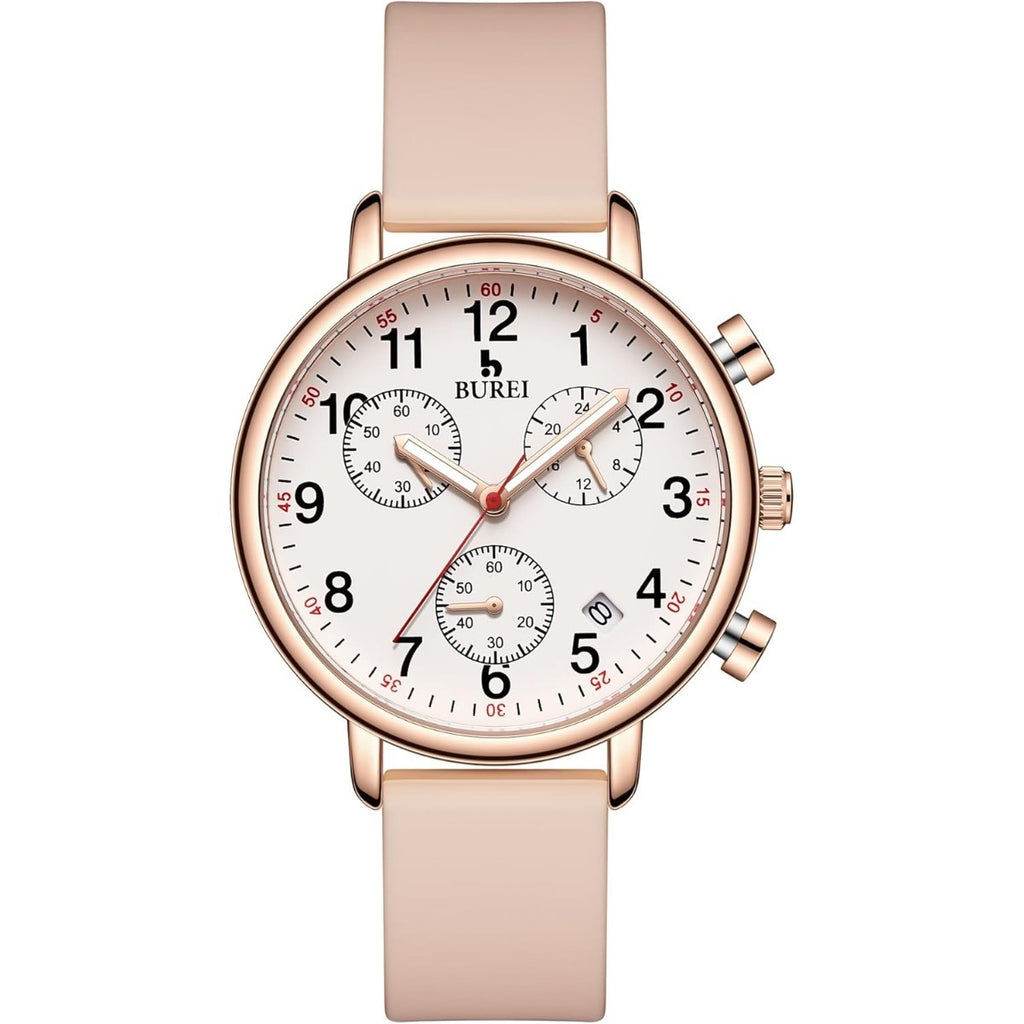 BUREI Womens Nurse Watches, Easy to Read Precision Watches for Medical Professionals, Silicone Comfort,Waterproof, Night Light, Stopwatch Multifunctional Time Clocks