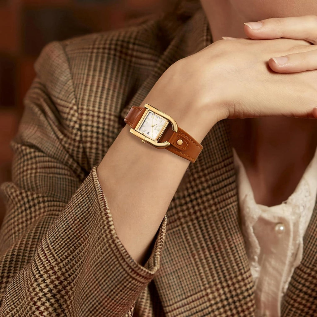 BUREI Women's Watch Classic Leather Strap Square Quartz Ladies Watch,Simple Waterproof with Calendar Design, Gift for Women