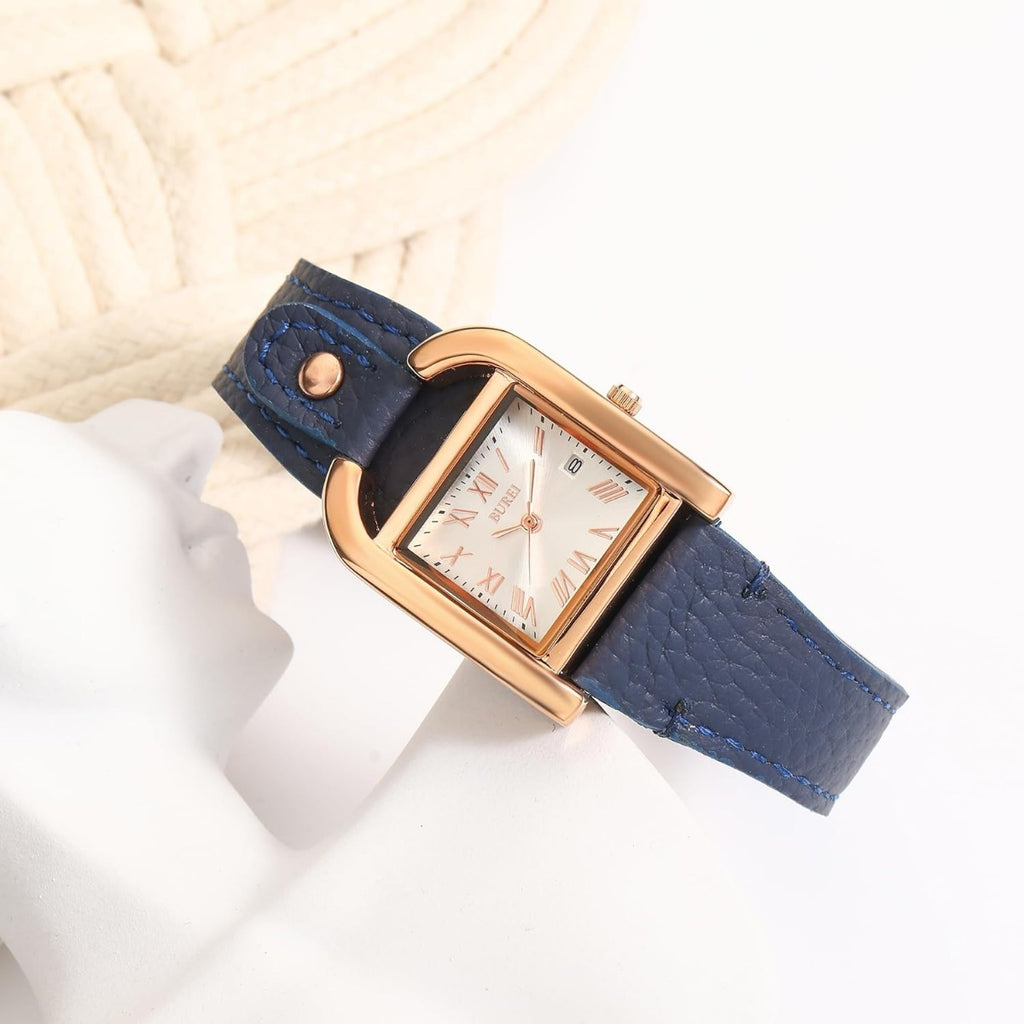 BUREI Women's Watch Classic Leather Strap Square Quartz Ladies Watch,Simple Waterproof with Calendar Design, Gift for Women