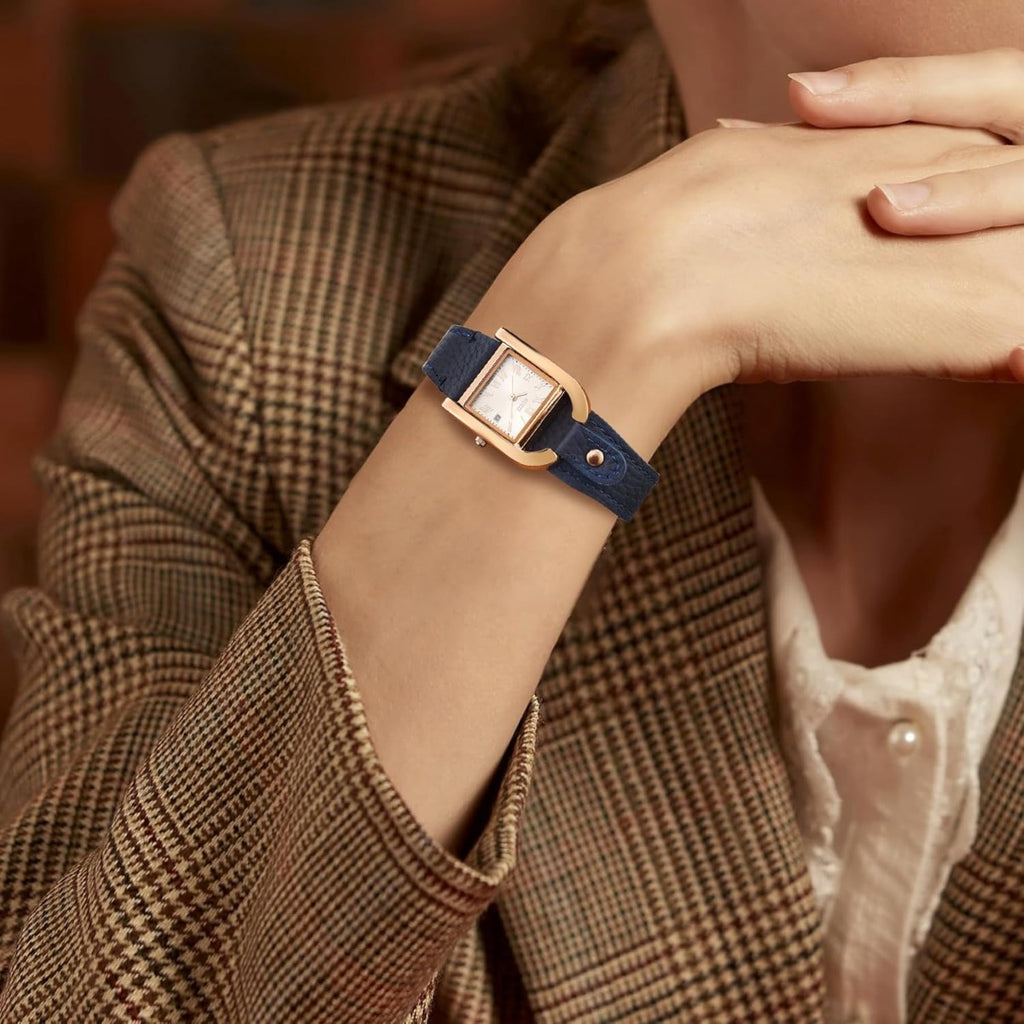 BUREI Women's Watch Classic Leather Strap Square Quartz Ladies Watch,Simple Waterproof with Calendar Design, Gift for Women