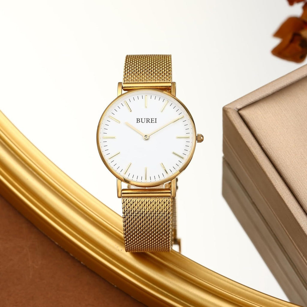 BUREI Womens Watch Fashion Gold Small Ladies Watch Stainless Steel Mesh Bracelet Watch Analog Quartz Waterproof Watches Dainty Silver Wrist Watches for Women