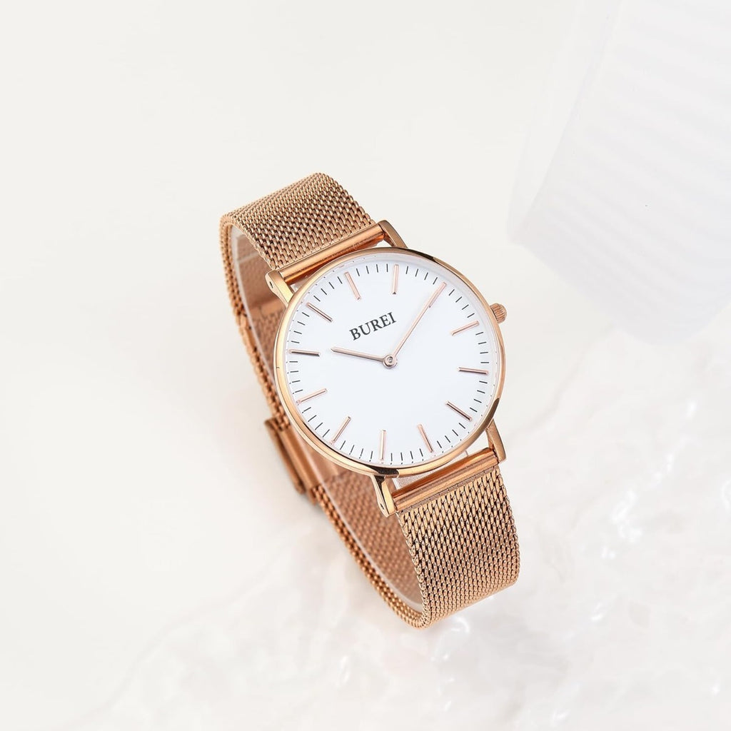 BUREI Womens Watch Fashion Gold Small Ladies Watch Stainless Steel Mesh Bracelet Watch Analog Quartz Waterproof Watches Dainty Silver Wrist Watches for Women