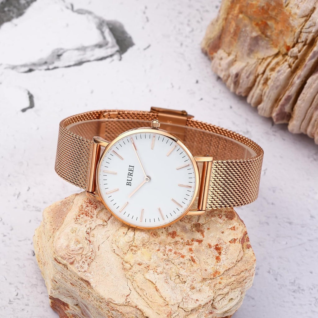 BUREI Womens Watch Fashion Gold Small Ladies Watch Stainless Steel Mesh Bracelet Watch Analog Quartz Waterproof Watches Dainty Silver Wrist Watches for Women