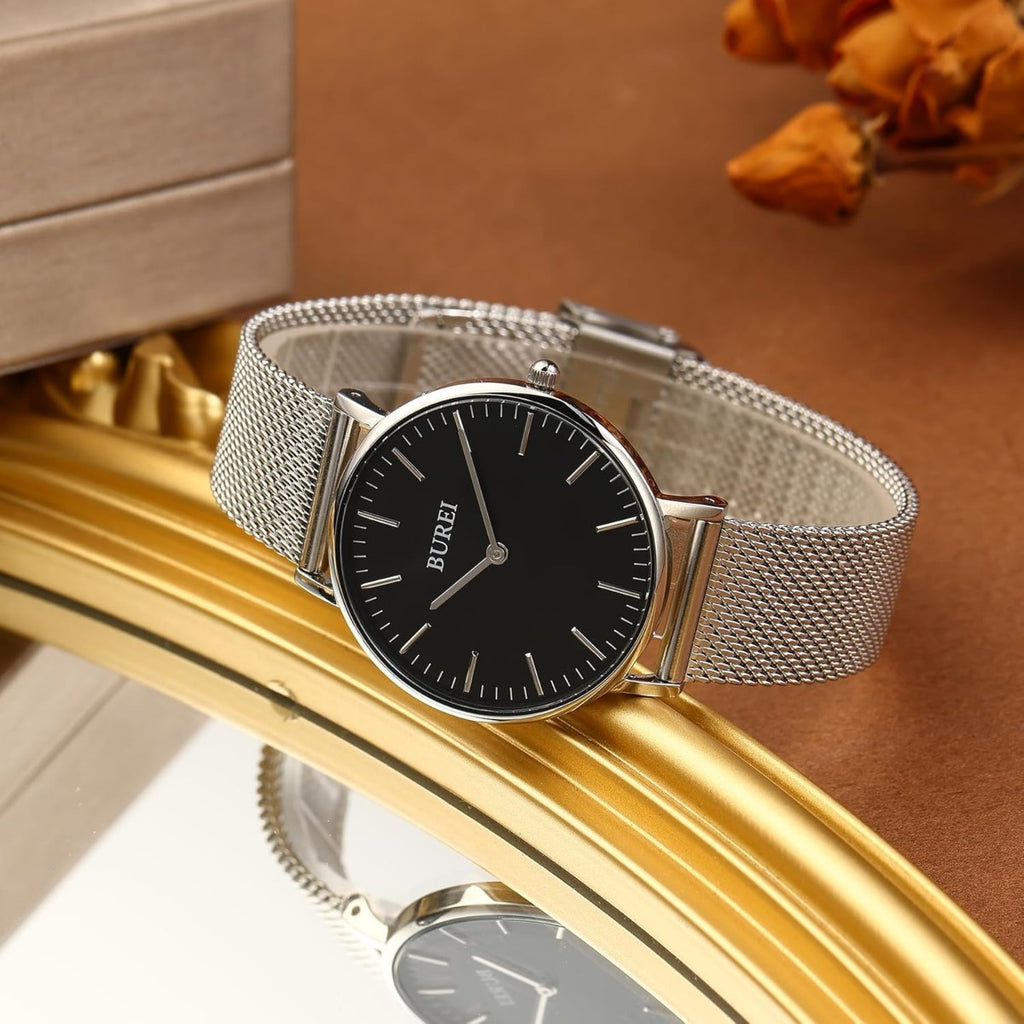 BUREI Womens Watch Fashion Gold Small Ladies Watch Stainless Steel Mesh Bracelet Watch Analog Quartz Waterproof Watches Dainty Silver Wrist Watches for Women