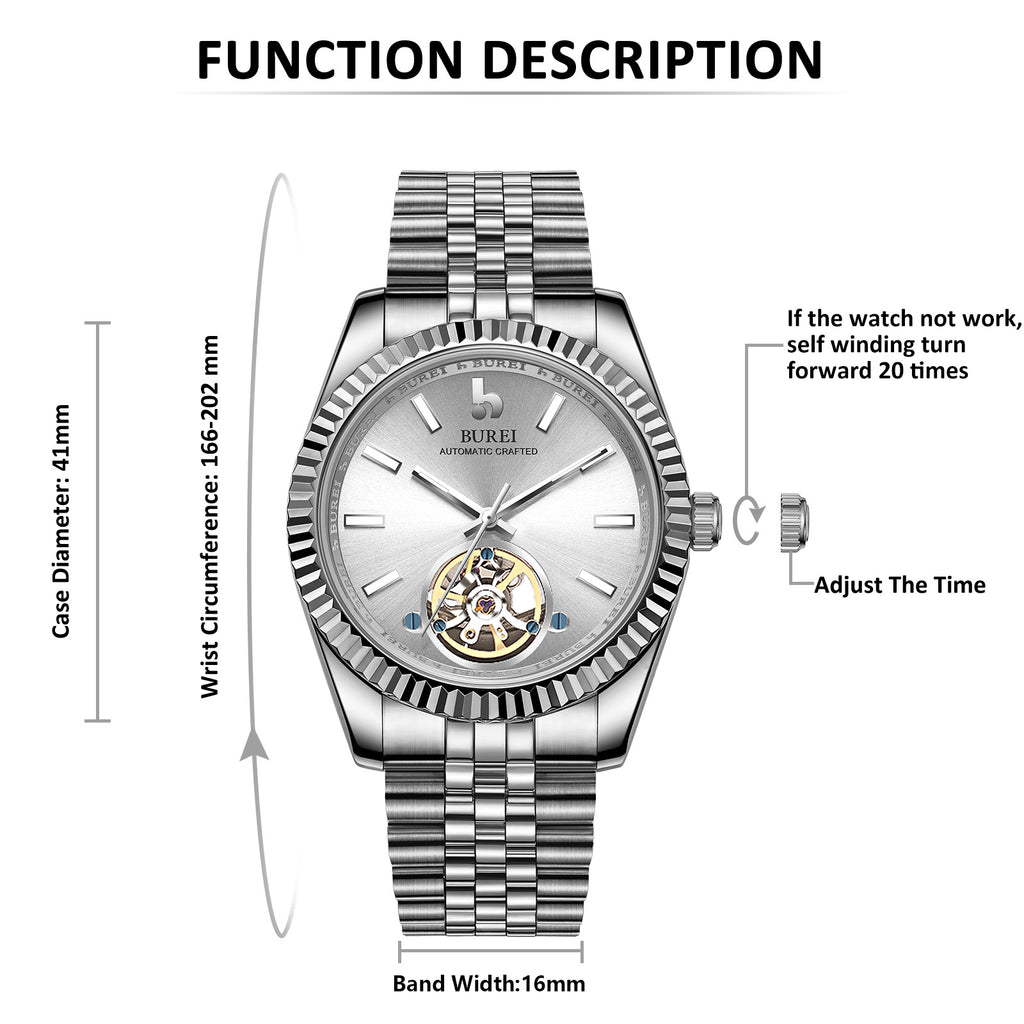 BUREI Men's Classic Luxury Watch Stainless Steel Waterproof Machine Watch Fashion Double Watches Date Sapphire Crystal